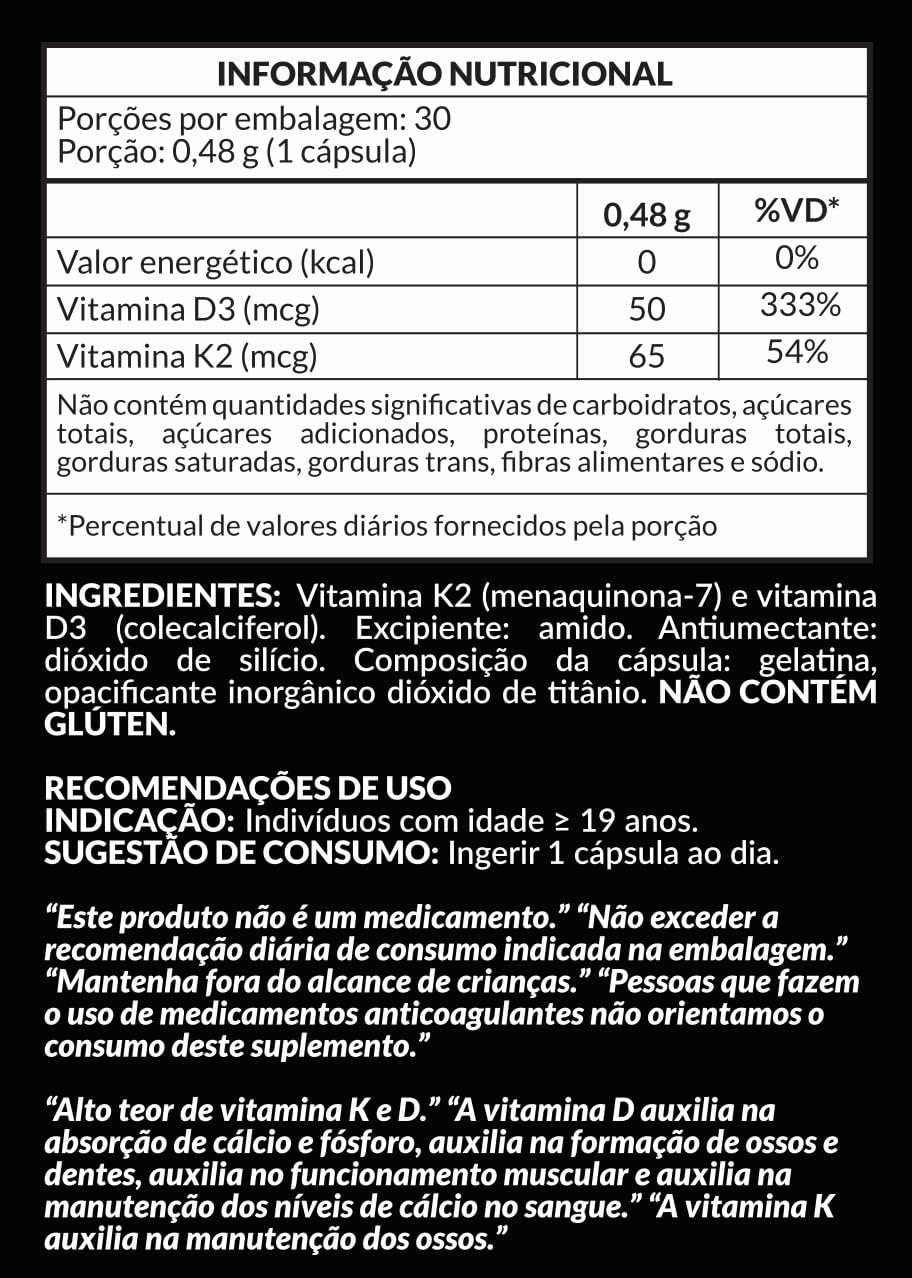 Vitamina D3 200UI + Vitaminas K2 65mcg (MK-7) 1 Pote com 30 Cápsula de 480mg