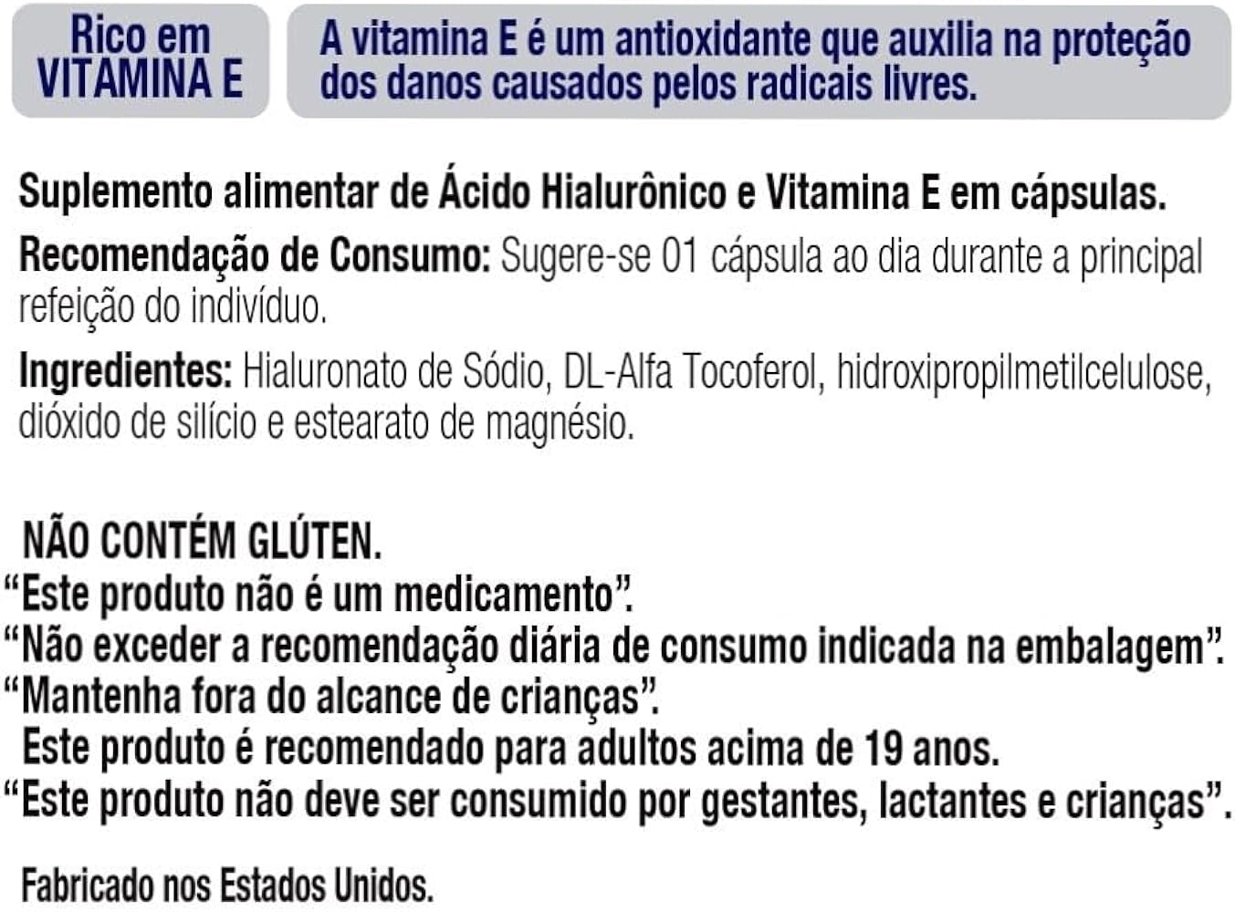 Ácido Hialurônico 100mg com Vitamina E Vitgold 30 cápsulas