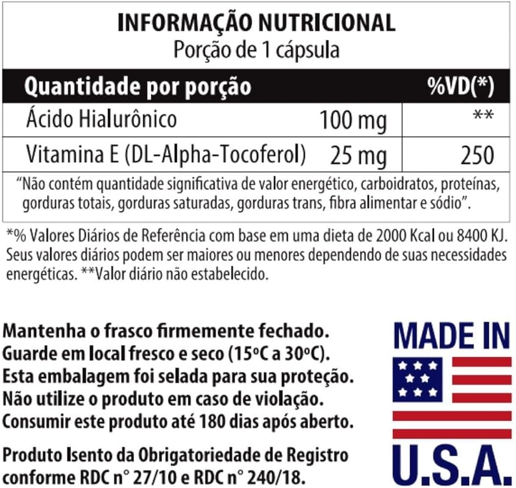 Ácido Hialurônico 100mg com Vitamina E Vitgold 30 cápsulas