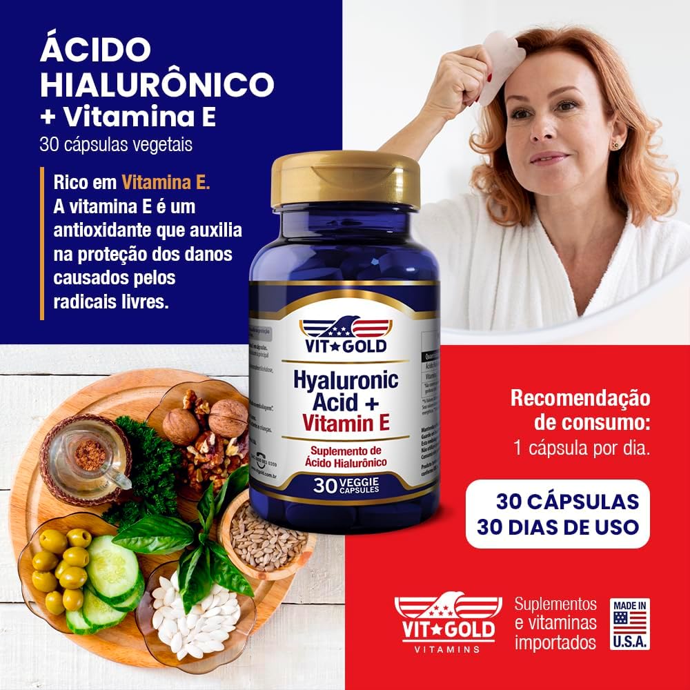 Ácido Hialurônico 100mg com Vitamina E Vitgold 30 cápsulas